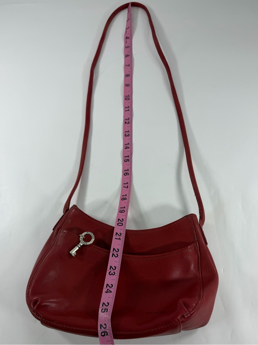 Vintage Y2K Fossil Red Leather Shoulder Bag Key Charm Small Crossbody Purse - Picture 5 of 9